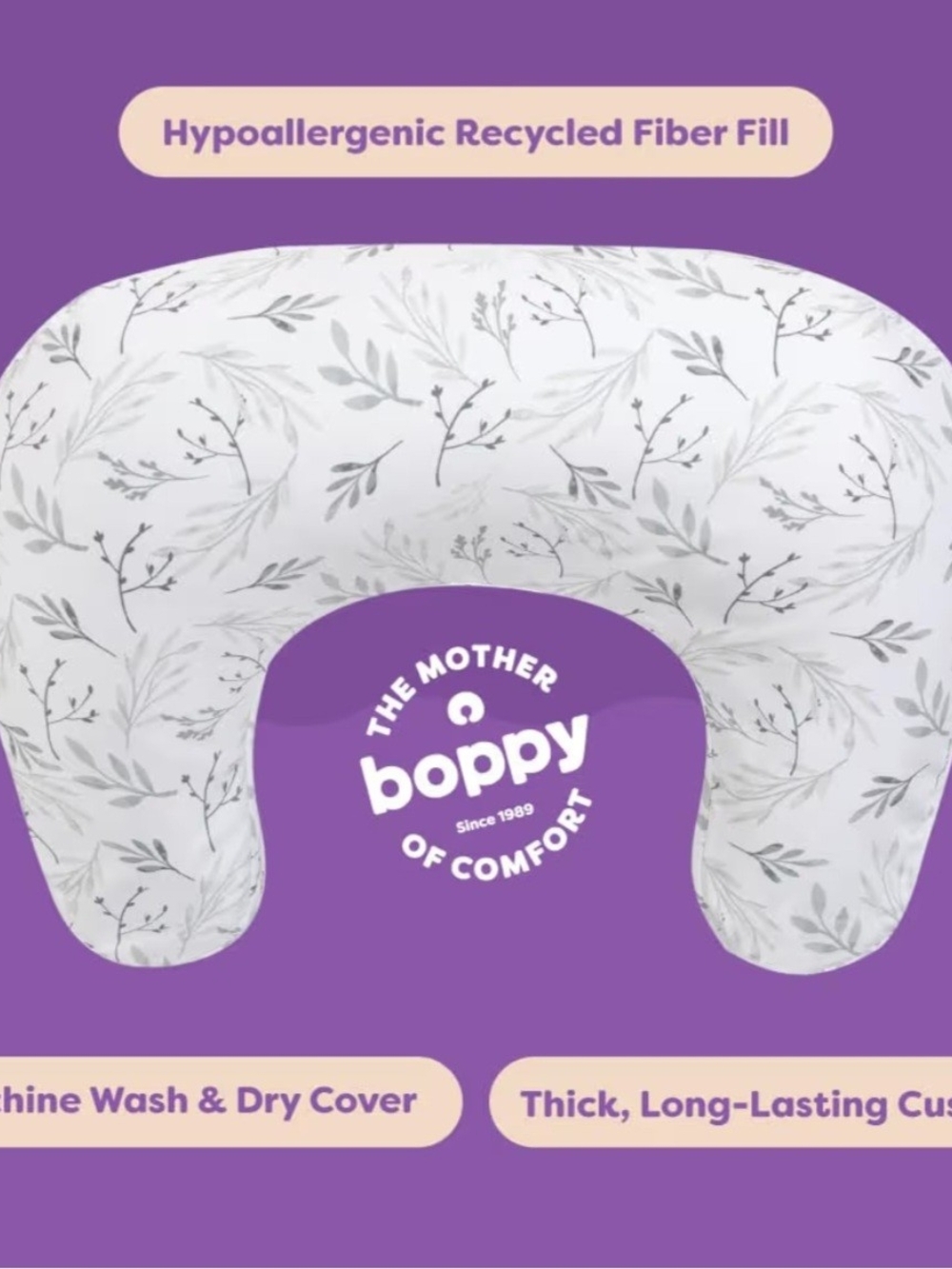 Boppy Nursing Pillow - White with Gray Leaf Pattern